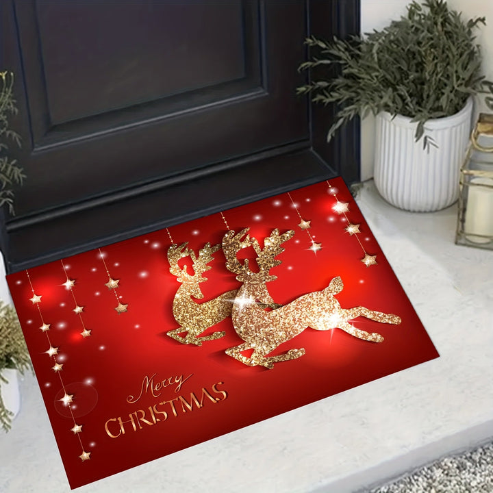 1pc Alfombra de Puerta Navideña Festiva, Antideslizante con Diseño de Reno y Árbol, Textil de Poliéster Lavable a Máquina para Decoración de Jardín Interior/Exterior, Alfombra de Navidad para la Puerta Principal, Ideal para Navidad