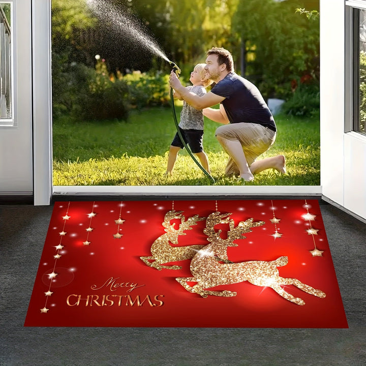 1pc Alfombra de Puerta Navideña Festiva, Antideslizante con Diseño de Reno y Árbol, Textil de Poliéster Lavable a Máquina para Decoración de Jardín Interior/Exterior, Alfombra de Navidad para la Puerta Principal, Ideal para Navidad
