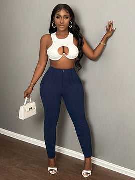 Slayr pantalones de trabajo para mujer de cintura alta, corte delgado y plisado tipo papel clip de color liso minimalista, para verano 2024