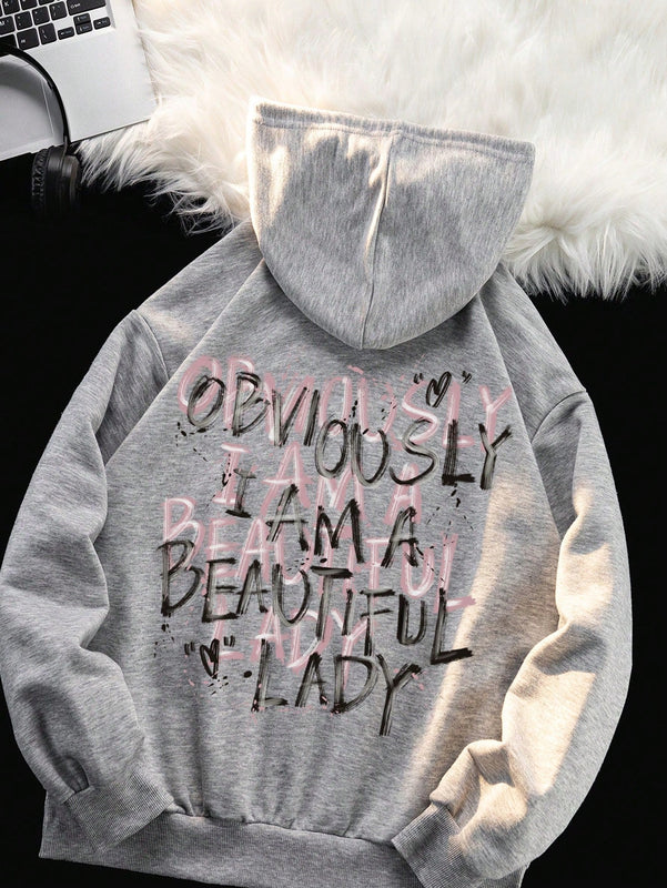 Ezwear sudadera informal tipo streetwear con lema, con corte holgado, estampado negro y rosa, para mujer, otono invierno