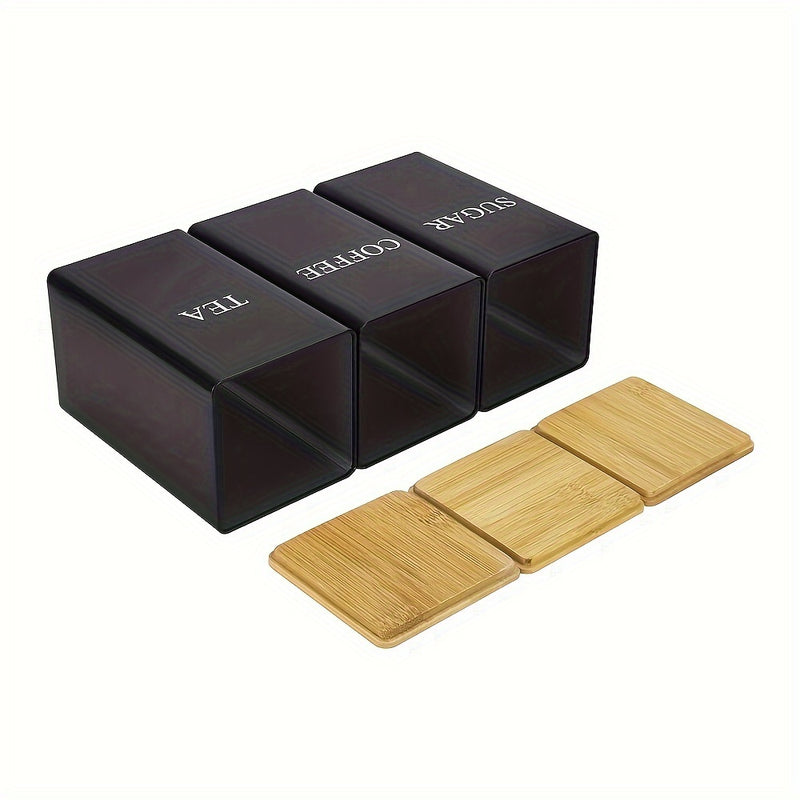 Juego de 3 Tarros Metálicos Cuadrados con Tapas de Madera - Té, Azúcar, Café