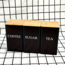 Juego de 3 Tarros Metálicos Cuadrados con Tapas de Madera - Té, Azúcar, Café