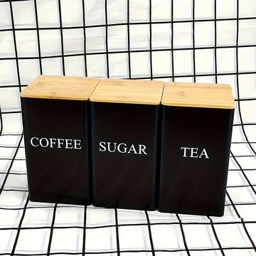 Juego de 3 Tarros Metálicos Cuadrados con Tapas de Madera - Té, Azúcar, Café