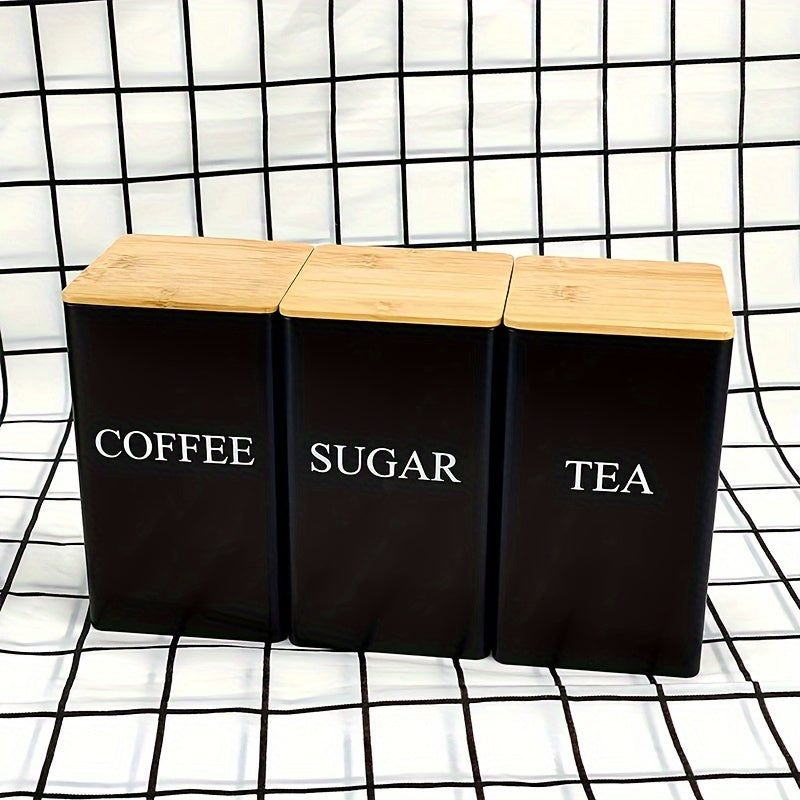 Juego de 3 Tarros Metálicos Cuadrados con Tapas de Madera - Té, Azúcar, Café