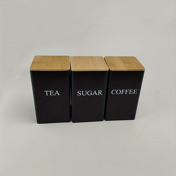 Juego de 3 Tarros Metálicos Cuadrados con Tapas de Madera - Té, Azúcar, Café