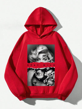 Ezwear sudadera informal tipo streetwear con lema, con corte holgado, estampado negro y rosa, para mujer, otono invierno