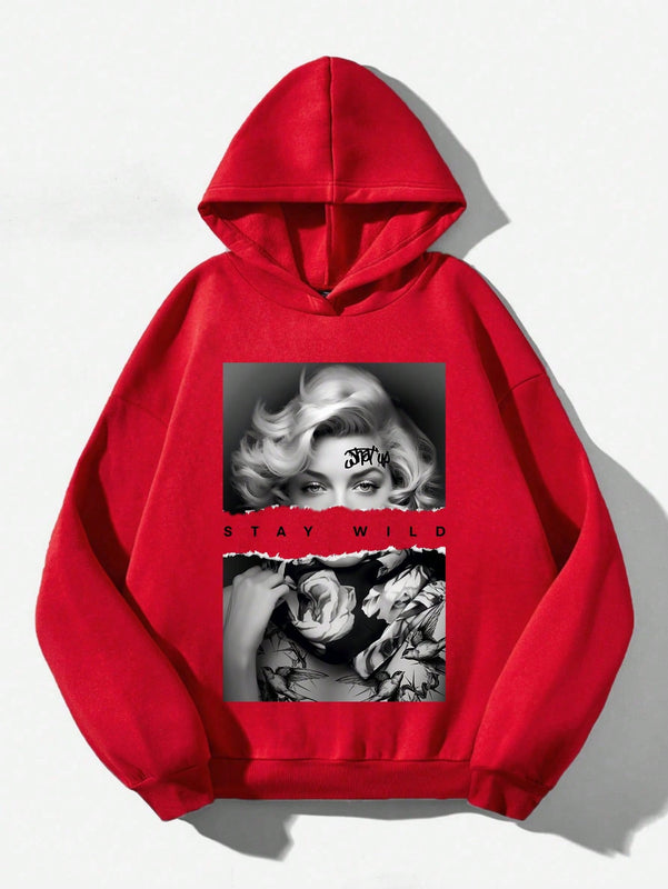 Ezwear sudadera informal tipo streetwear con lema, con corte holgado, estampado negro y rosa, para mujer, otono invierno
