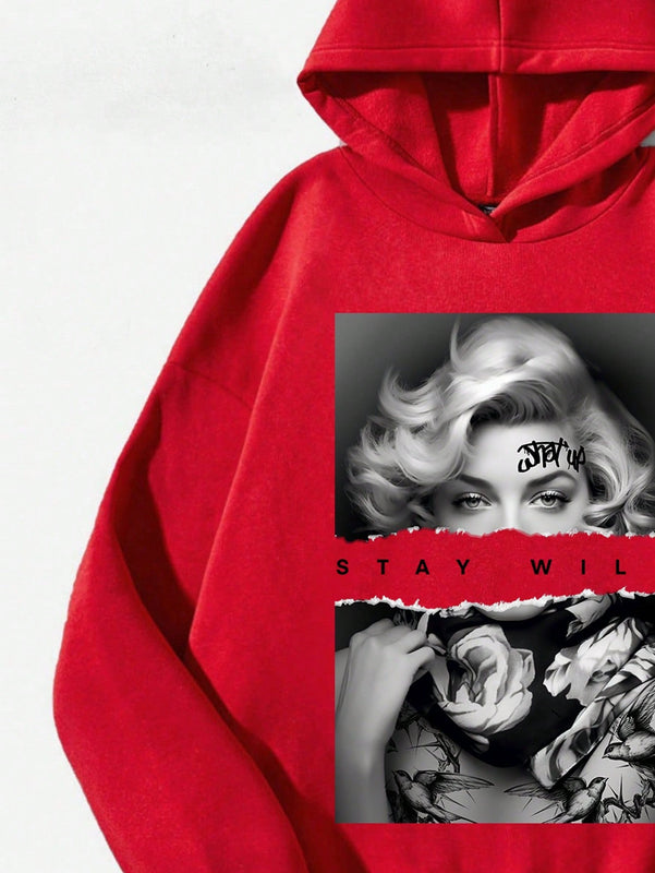 Ezwear sudadera informal tipo streetwear con lema, con corte holgado, estampado negro y rosa, para mujer, otono invierno