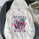 Beetlejuice x  sudadera holgada con capucha, estampado de dibujos animados y letras, hombros caidos, cordon ajustable, para primavera y otono, estilo casual para mujer