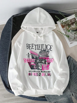 Beetlejuice x  sudadera holgada con capucha, estampado de dibujos animados y letras, hombros caidos, cordon ajustable, para primavera y otono, estilo casual para mujer