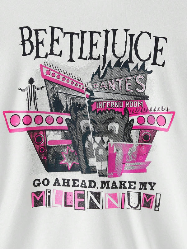Beetlejuice x  sudadera holgada con capucha, estampado de dibujos animados y letras, hombros caidos, cordon ajustable, para primavera y otono, estilo casual para mujer