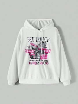 Beetlejuice x  sudadera holgada con capucha, estampado de dibujos animados y letras, hombros caidos, cordon ajustable, para primavera y otono, estilo casual para mujer