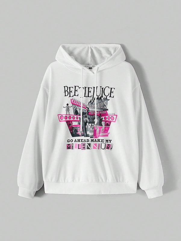 Beetlejuice x  sudadera holgada con capucha, estampado de dibujos animados y letras, hombros caidos, cordon ajustable, para primavera y otono, estilo casual para mujer