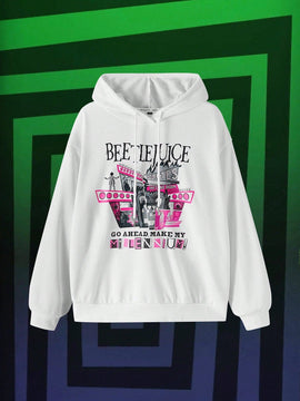 Beetlejuice x  sudadera holgada con capucha, estampado de dibujos animados y letras, hombros caidos, cordon ajustable, para primavera y otono, estilo casual para mujer