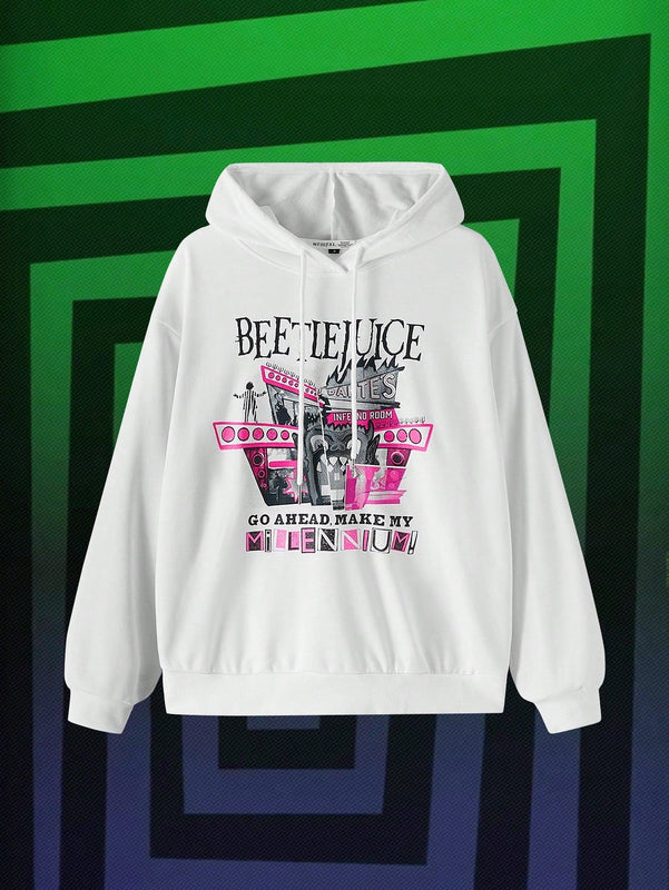 Beetlejuice x  sudadera holgada con capucha, estampado de dibujos animados y letras, hombros caidos, cordon ajustable, para primavera y otono, estilo casual para mujer