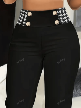 Pantalones de tiro alto de oficina casual con efecto pata de gallo y diseno de patchwork para mujeres