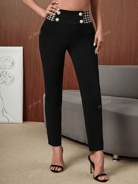 Pantalones de tiro alto de oficina casual con efecto pata de gallo y diseno de patchwork para mujeres