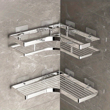 Estante de ducha de esquina de acero inoxidable - Estante triangular de barra plana engrosada sin perforaciones para la organización del baño y la cocina