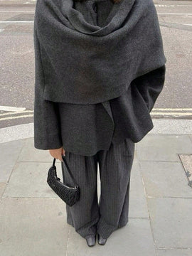 Essnce chaqueta de lana negra holgada y versatil para uso casual y de aeropuerto, diseno de bufanda de una pieza, chaqueta de cardigan corta de lana calida para el invierno, tendencia de moda otono 2024