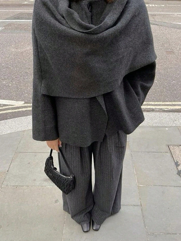 Essnce chaqueta de lana negra holgada y versatil para uso casual y de aeropuerto, diseno de bufanda de una pieza, chaqueta de cardigan corta de lana calida para el invierno, tendencia de moda otono 2024