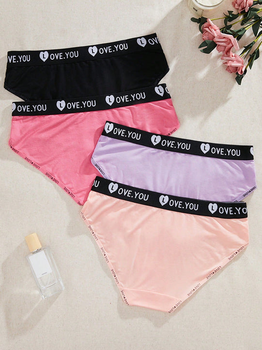 Conjunto de 4 bragas de mujer de unicolor, simples, transpirables y comodas con pretina baja y estampado de letras