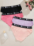 Conjunto de 4 bragas de mujer de unicolor, simples, transpirables y comodas con pretina baja y estampado de letras
