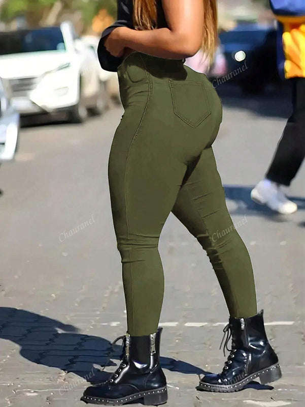 Pantalones acampanados con decoracion de botones y ajuste cenido para mujer