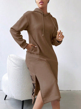 Lune vestido con capucha de manga larga, bolsillo y unicolor minimalista para mujer