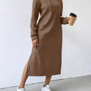 Relaxiva vestido sudadera casual de felpa con capucha, manga larga, bajo con abertura, cordon ajustable, estampado de lema para mujer, otono/invierno