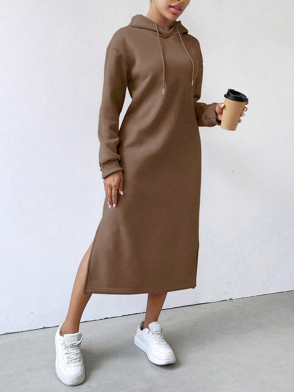 Relaxiva sudadera con capucha larga forrada de forro polar con estampado de eslogan casual, otono/invierno
