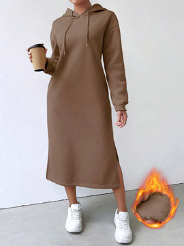 Relaxiva sudadera con capucha larga forrada de forro polar con estampado de eslogan casual, otono/invierno