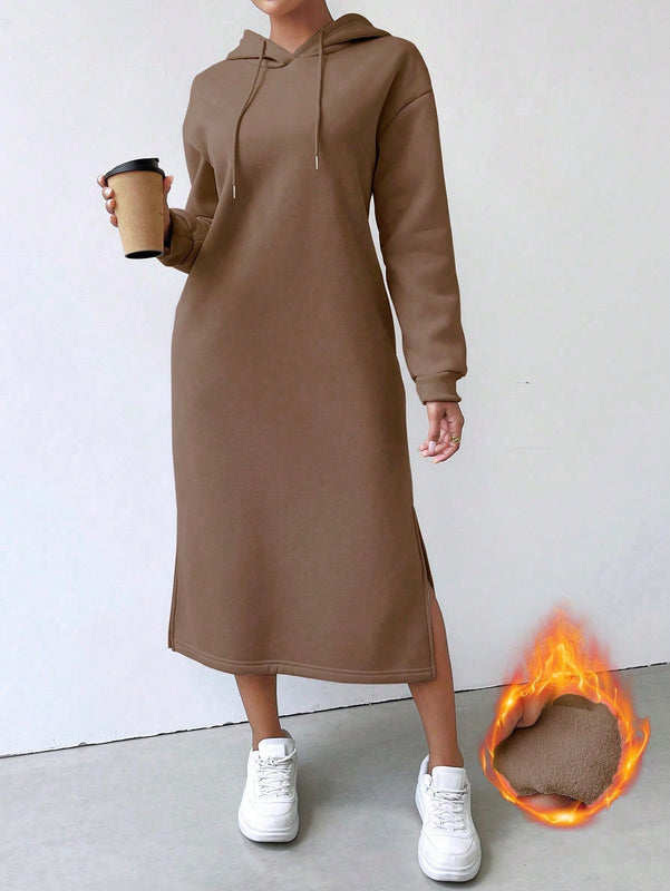 Relaxiva sudadera con capucha larga forrada de forro polar con estampado de eslogan casual, otono/invierno