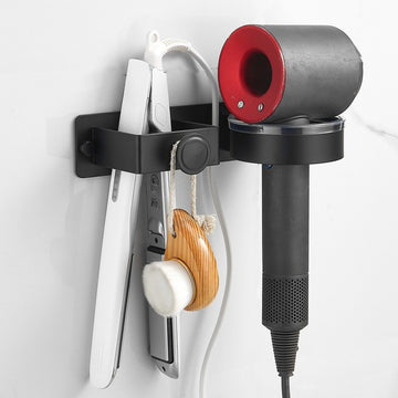 Soporte de pared para secador de pelo con ganchos para accesorios - Organizador de almacenamiento para baño para secador de pelo, plancha, rizador - Estante sin taladrar, que ahorra espacio para toallas, joyas - Soporte duradero no eléctrico