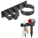Soporte de pared para secador de pelo con ganchos para accesorios - Organizador de almacenamiento para baño para secador de pelo, plancha, rizador - Estante sin taladrar, que ahorra espacio para toallas, joyas - Soporte duradero no eléctrico