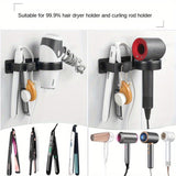 Soporte de pared para secador de pelo con ganchos para accesorios - Organizador de almacenamiento para baño para secador de pelo, plancha, rizador - Estante sin taladrar, que ahorra espacio para toallas, joyas - Soporte duradero no eléctrico