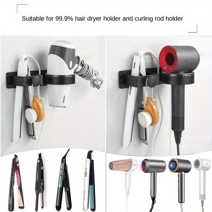 Soporte de pared para secador de pelo con ganchos para accesorios - Organizador de almacenamiento para baño para secador de pelo, plancha, rizador - Estante sin taladrar, que ahorra espacio para toallas, joyas - Soporte duradero no eléctrico
