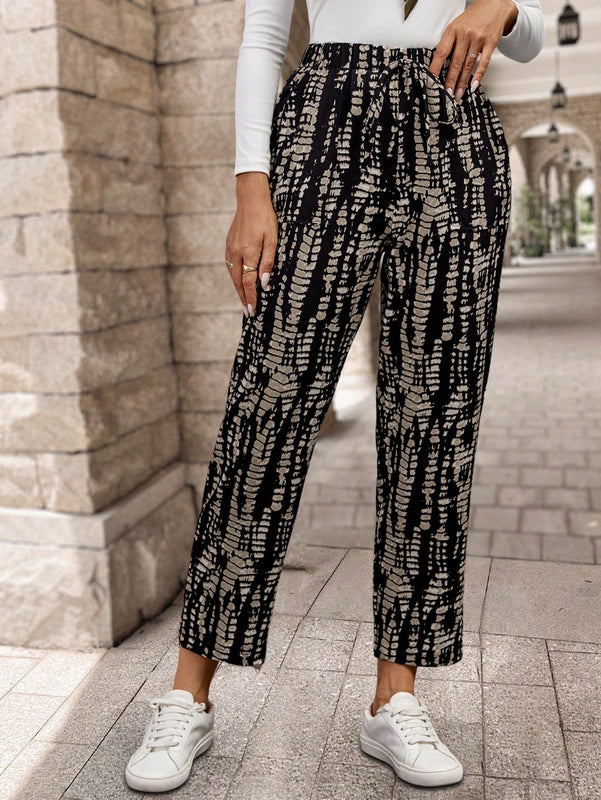 Emery rose pantalones largos casuales rectos y sueltos con cintura elastica, bolsillos y estampado de tenido anudado para mujer