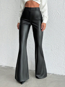 Pantalones acampanados de cintura alta de unicolor de piel de pu para mujer