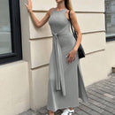 Essnce vestido de mujer de otono con cordon en la cintura, cintura estilizada de reloj de arena, abertura en el bajo para mostrar las largas piernas, vestido largo de mujer de otono, vestido interior sin mangas de dos piezas falsas, vestido