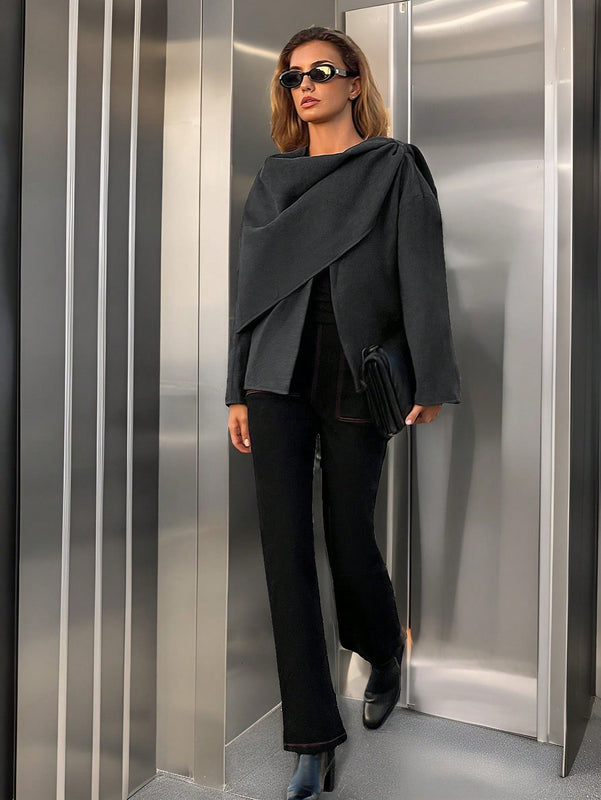 Essnce chaqueta de lana negra holgada y versatil para uso casual y de aeropuerto, diseno de bufanda de una pieza, chaqueta de cardigan corta de lana calida para el invierno, tendencia de moda otono 2024