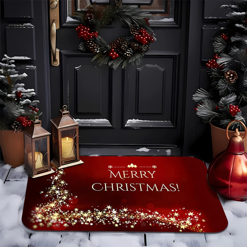Tapete de bienvenida navideño con diseño de estrella brillante - Antideslizante, fácil de limpiar, lavable en máquina, tapete de poliéster para sala de estar, dormitorio, cocina, oficina y decoración navideña.