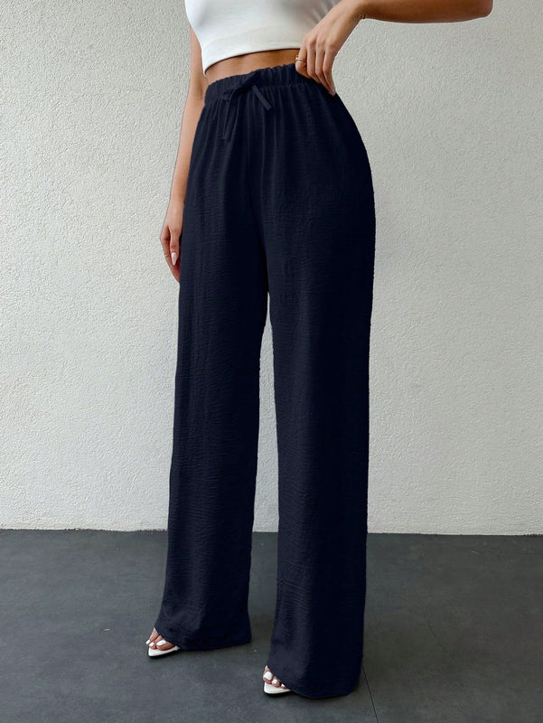 Tall pantalones de mujer casuales de talla alta con nudo y unicolor de algodon
