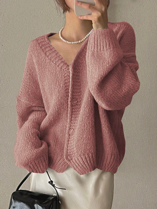 Dazy cardigan holgado de punto de color liso con cuello en v para mujer