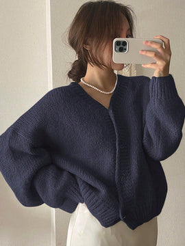 Dazy cardigan holgado de punto de color liso con cuello en v para mujer