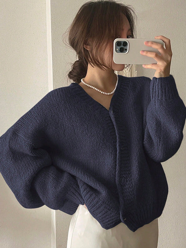 Dazy cardigan holgado de punto de color liso con cuello en v para mujer