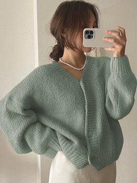 Dazy cardigan holgado de punto de color liso con cuello en v para mujer