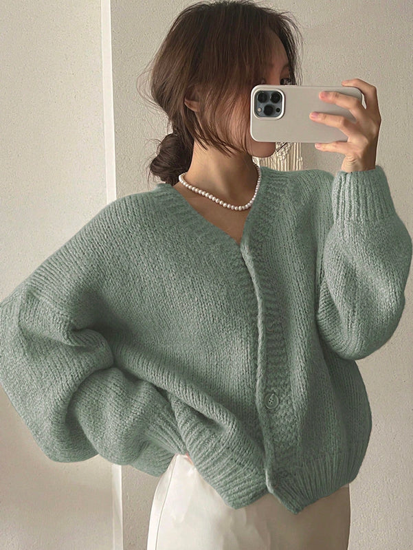 Dazy cardigan holgado de punto de color liso con cuello en v para mujer