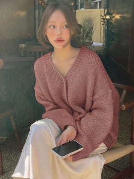 Dazy cardigan holgado de punto de color liso con cuello en v para mujer
