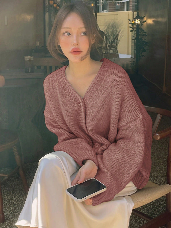 Dazy cardigan holgado de punto de color liso con cuello en v para mujer
