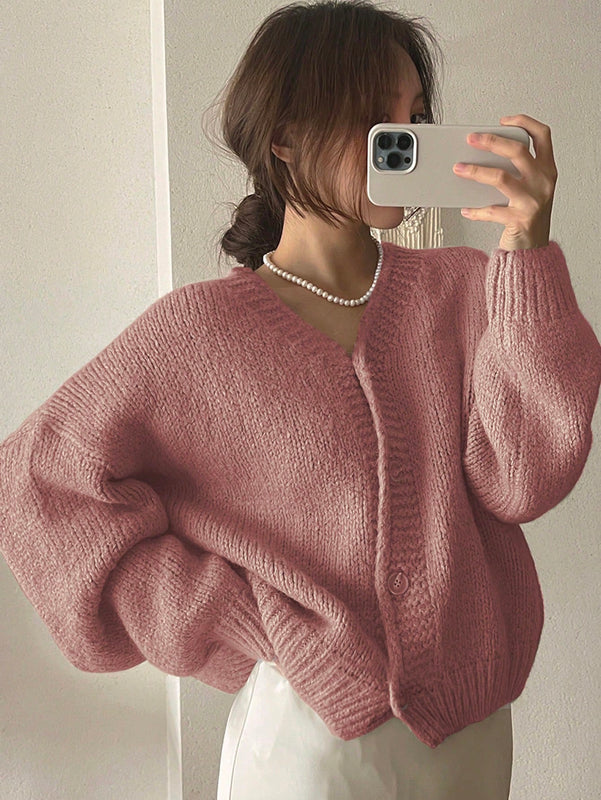 Dazy cardigan holgado de punto de color liso con cuello en v para mujer